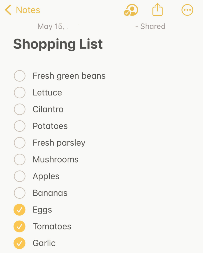 note of check off items on a shopping list