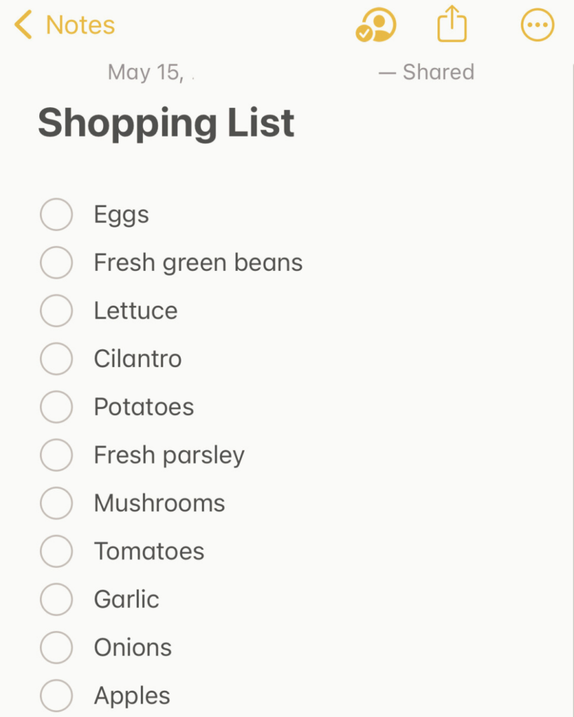 iphone note of a grocery list