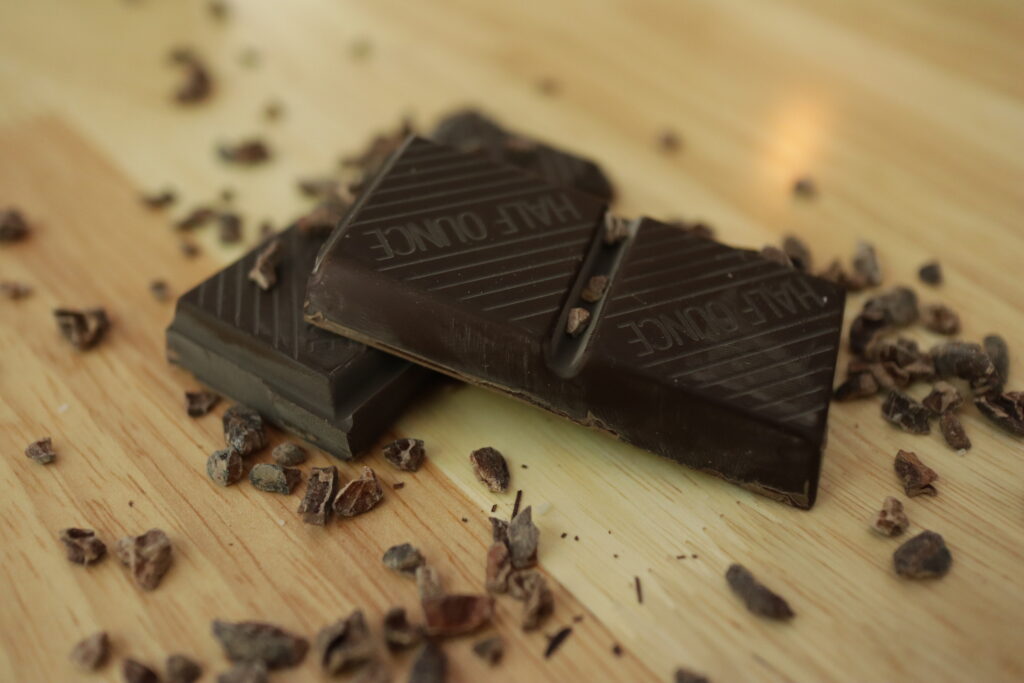 100% cacao bar unsweetened with cacao chips sprinkled around