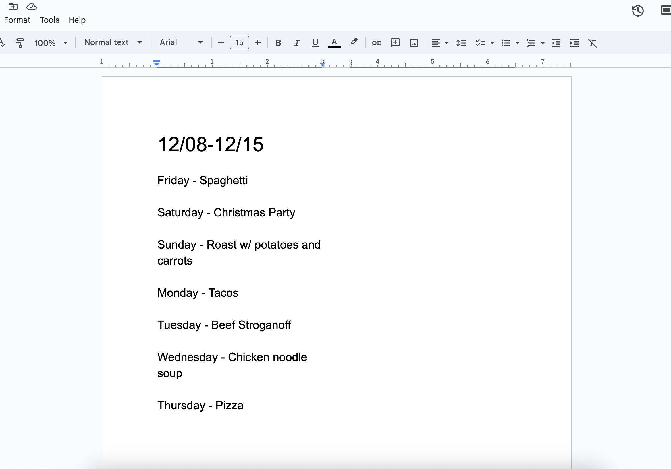 weekly meal plan on a google doc 